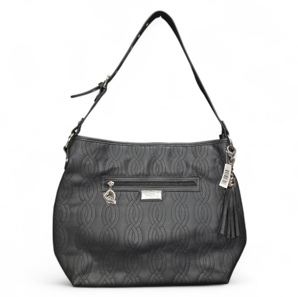 Bella Russo Handbags - Bella Russo Black Faux Leather Shoulder bag w/Tassel NWT Adj Strap Heart Charms